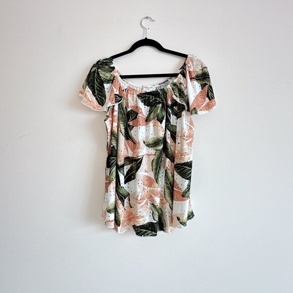 Cute Short Sleeve Leaves Print Eyelet Loose Fit Top - Picture 1 of 5